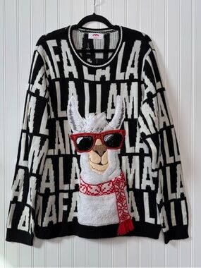 Holiday Time “Fa La Llama” Ugly Christmas Sweater Mens XL 3D Llama Black White